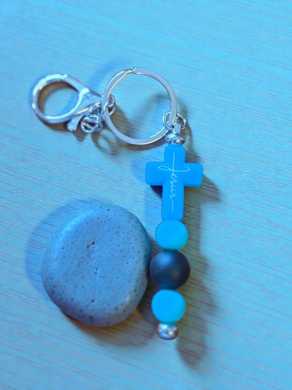 Jesus Cross Blue & Black Silicone Bead Keychain Purse Charm